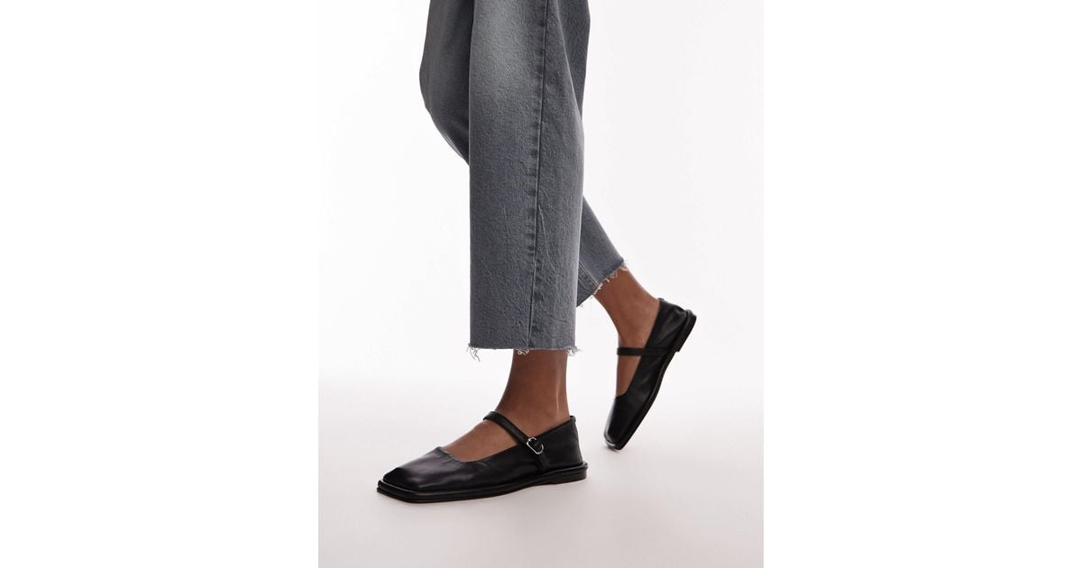 TOPSHOP Betty Leather Square Toe Ballet Flats in Black Lyst