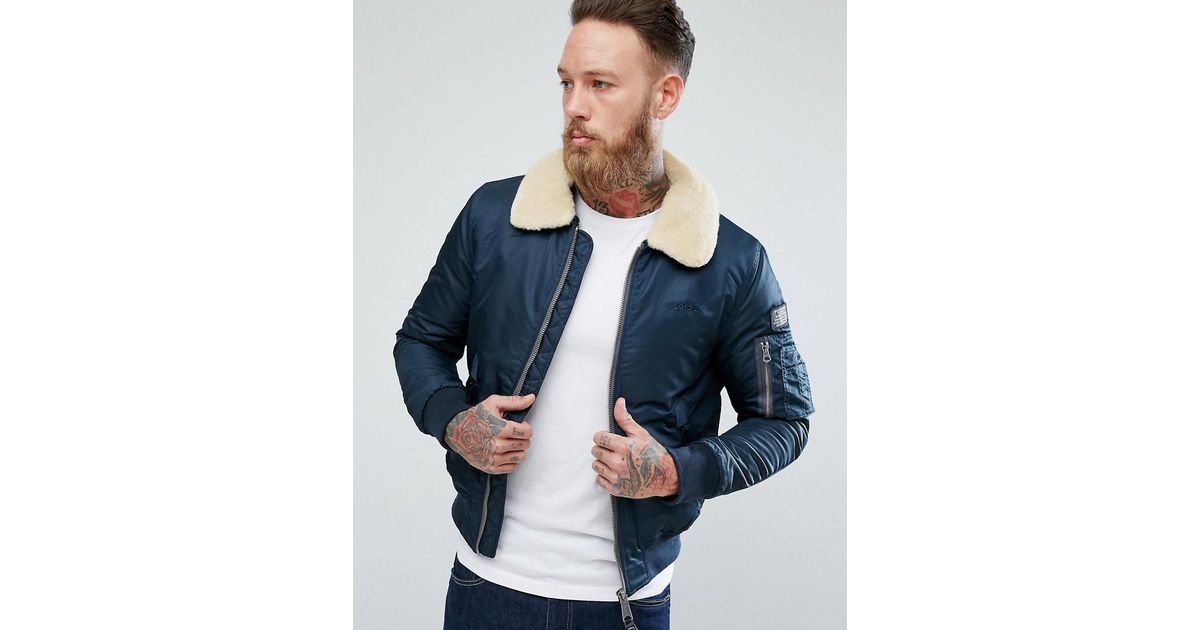 Schott Nyc Pilote Nylon Bomber Jacket Detachable Faux Fur Collar Slim Fit  In Navy in Blue for Men | Lyst Canada