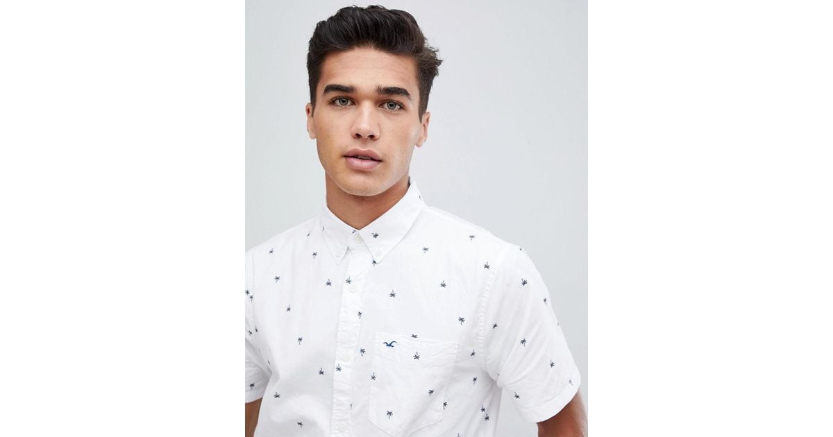 Hollister icon logo short sleeve slim fit oxford shirt in white