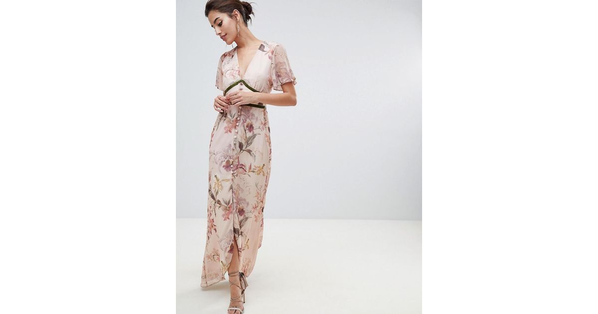 Hope and Ivy Hope & Ivy Fluted Sleeve Maxi Dress With Velvet Trim | Lyst Canada