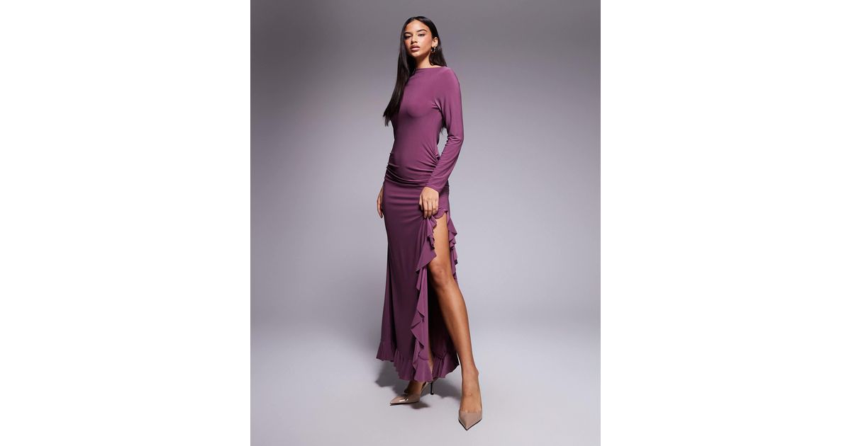 ASOS Long Sleeve Frill Detail A Line Maxi Dress in Purple | Lyst