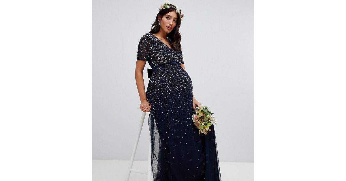 maternity v neck maxi tulle dress with tonal delicate sequins