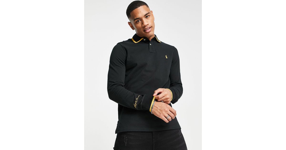 Polo Ralph Lauren Cotton Gold Icon Tipped Long Sleeve Pique Polo Custom Fit  in Black for Men | Lyst