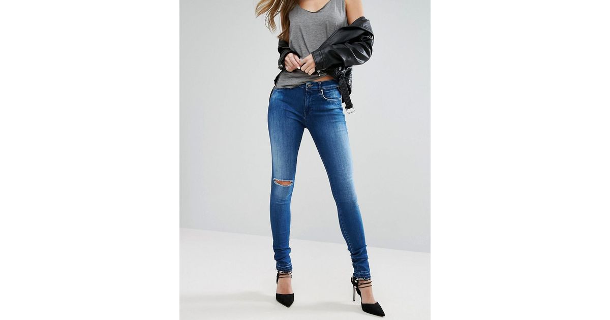 Replay Joi High Rise Skinny Jeans With Released Frayed Hem in Blue | Lyst