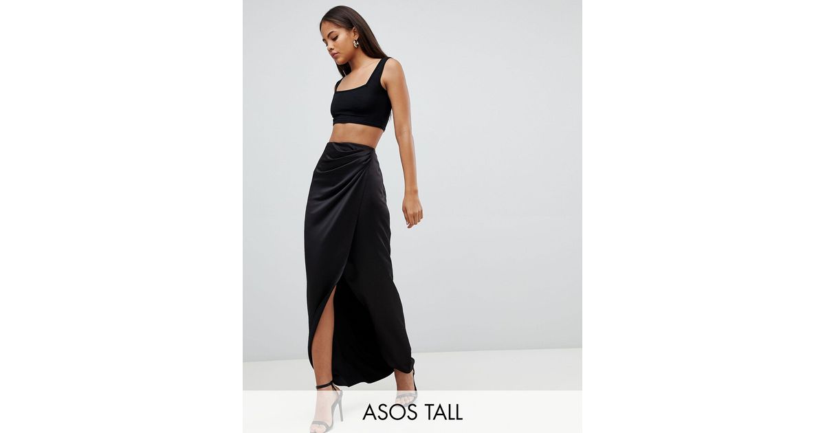 ASOS Asos Design Tall Satin Wrap Maxi Skirt in Black | Lyst