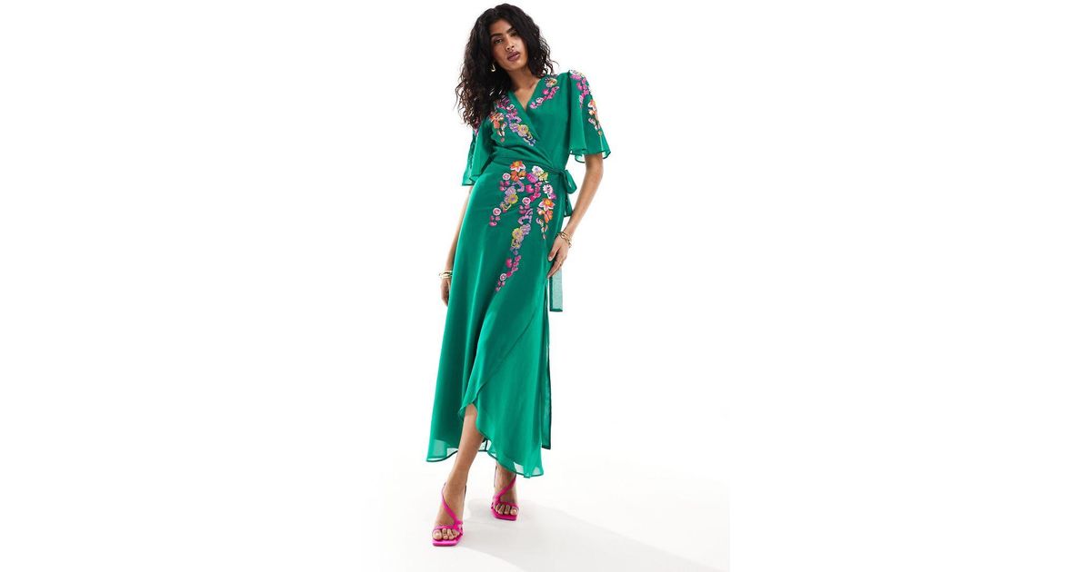 hope and ivy green dress Hope & Ivy wrap front maxi dress in dark green floral