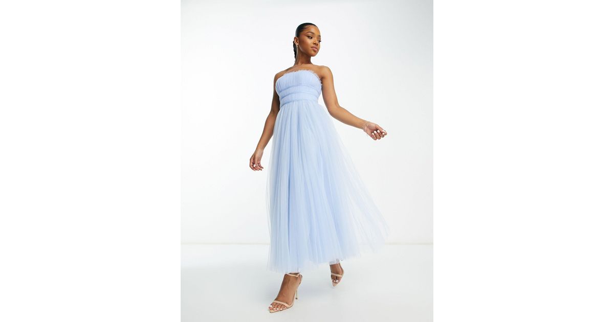 asos design tulle bow tie tiered maxi dress in champagne