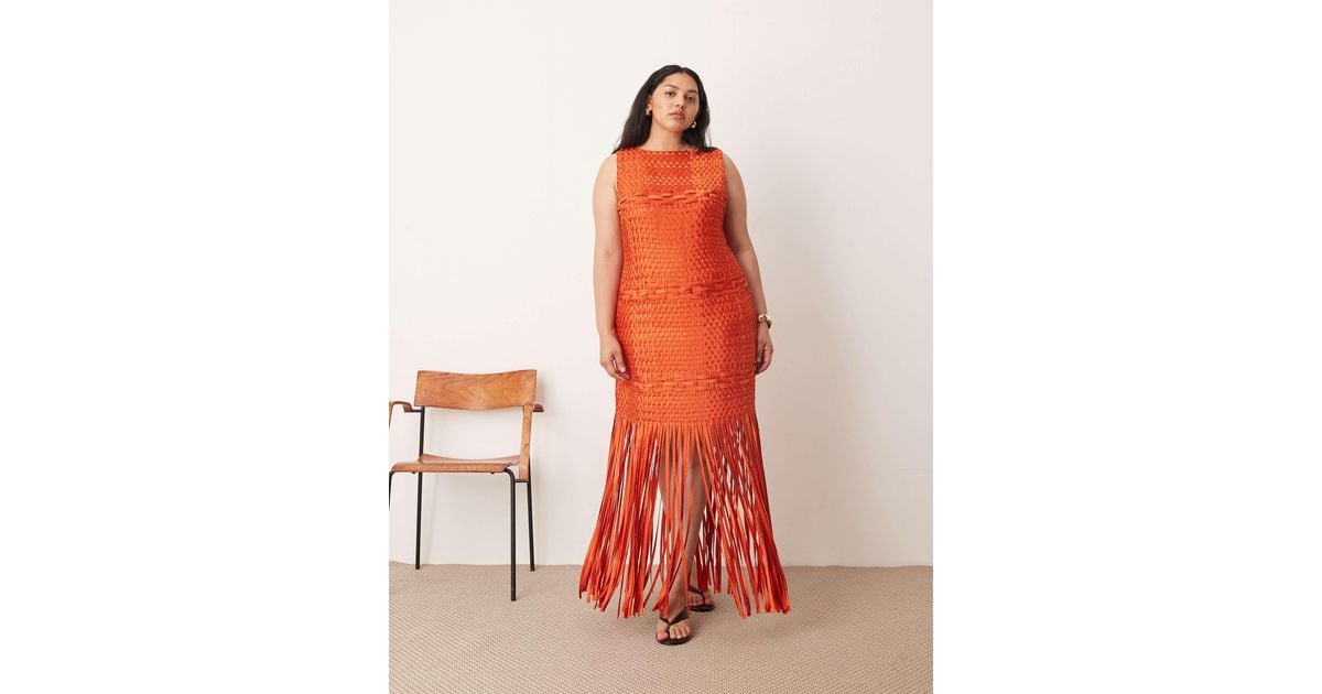 ARRANGE Curve Lattice Handwoven Fringe Hem Midi Dress in Red | Lyst