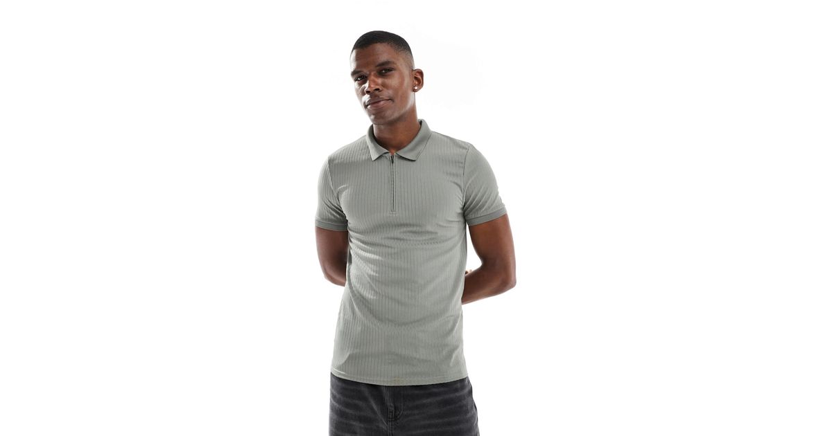 Polo moulant a fermeture eclair argentee kaki ASOS pour homme en coloris Gris Lyst