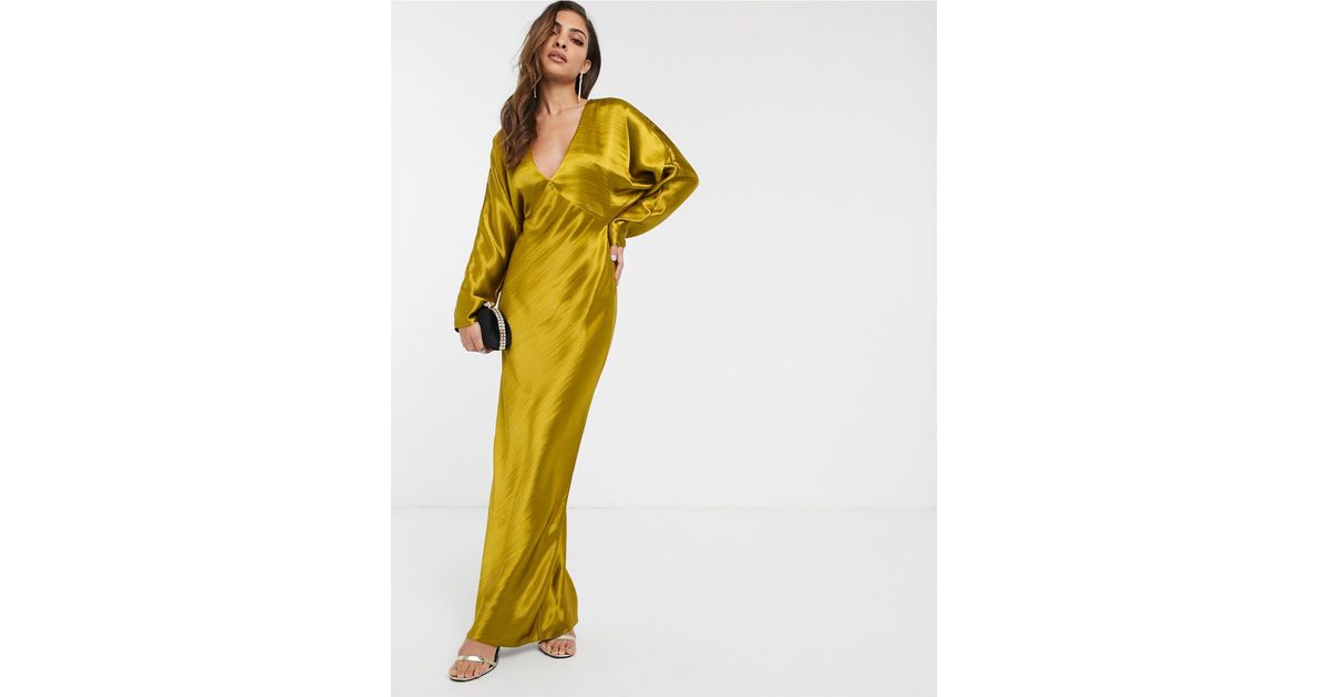 asos design maxi dress batwing sleeve bias cut ASOS Design textured satin batwing bias waisted maxi dress in burnt red