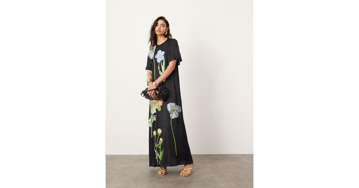 ASOS Satin Floral Embroidered T-shirt Maxi Dress in White | Lyst