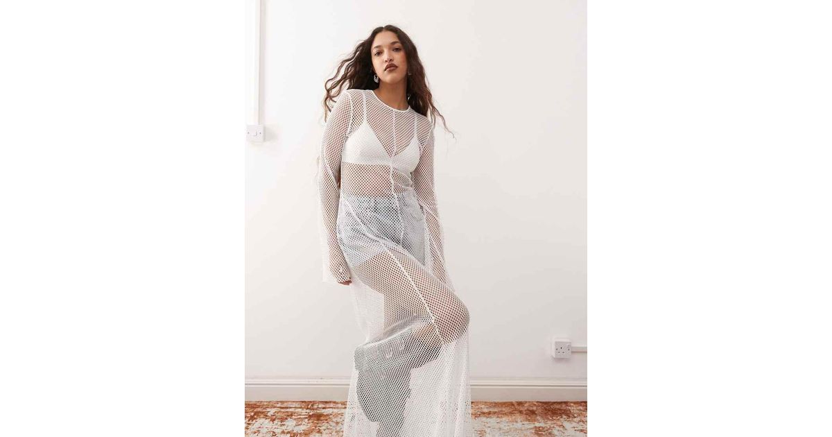 Weekday Mesh Long Sleeve Maxi Dress in White | Lyst UK