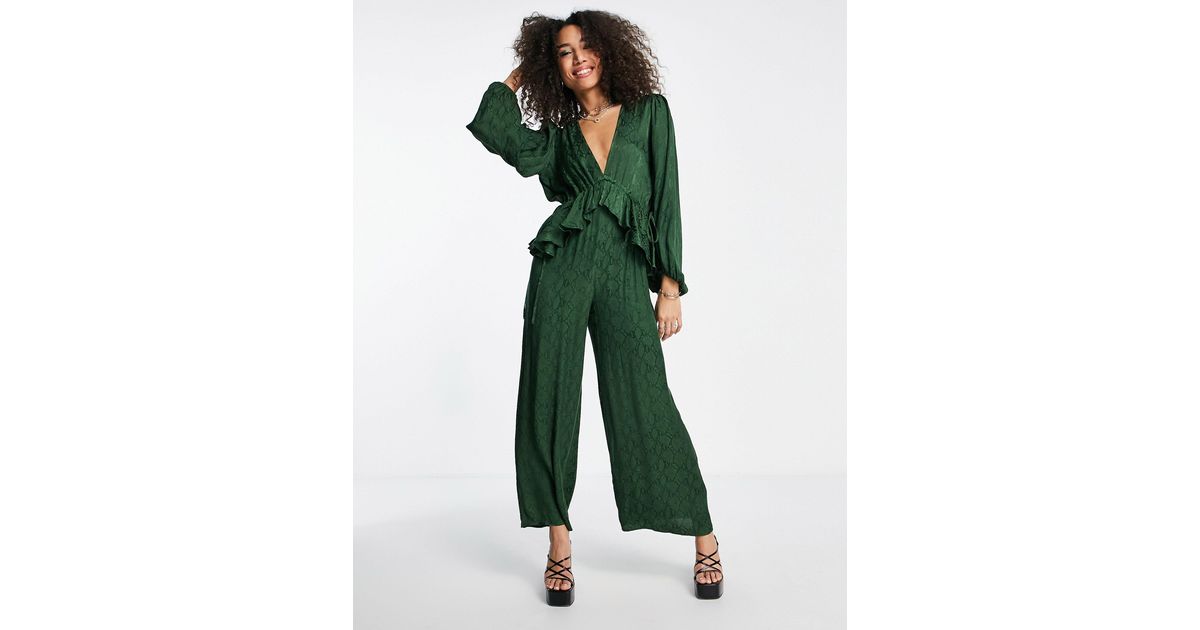 TOPSHOP Snake Jacquard Ruched Waist Jumpsuit in Green | Lyst Canada
