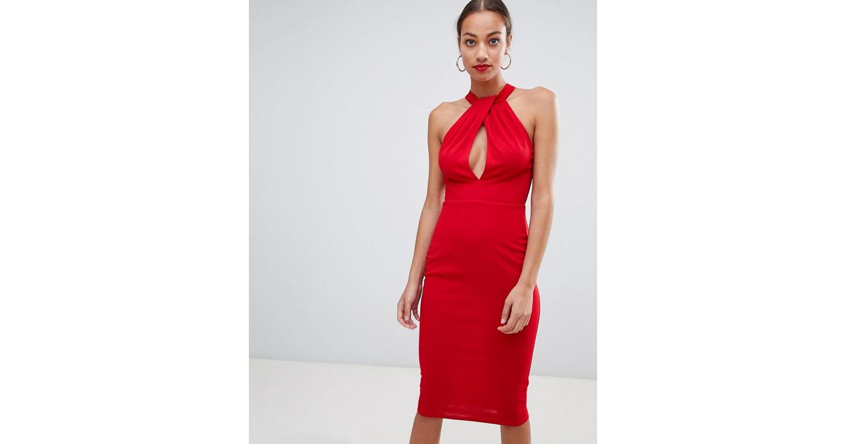 red halter neck midi dress