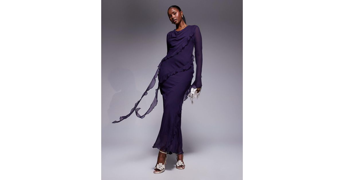 DASKA Chiffon Maxi Dress With Frill Details in Blue | Lyst
