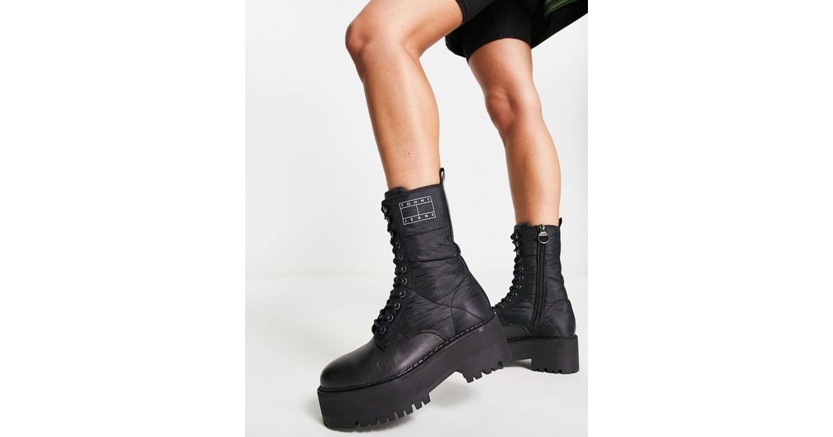 Tommy Hilfiger Leather Flatform Padded Boots in Black | Lyst