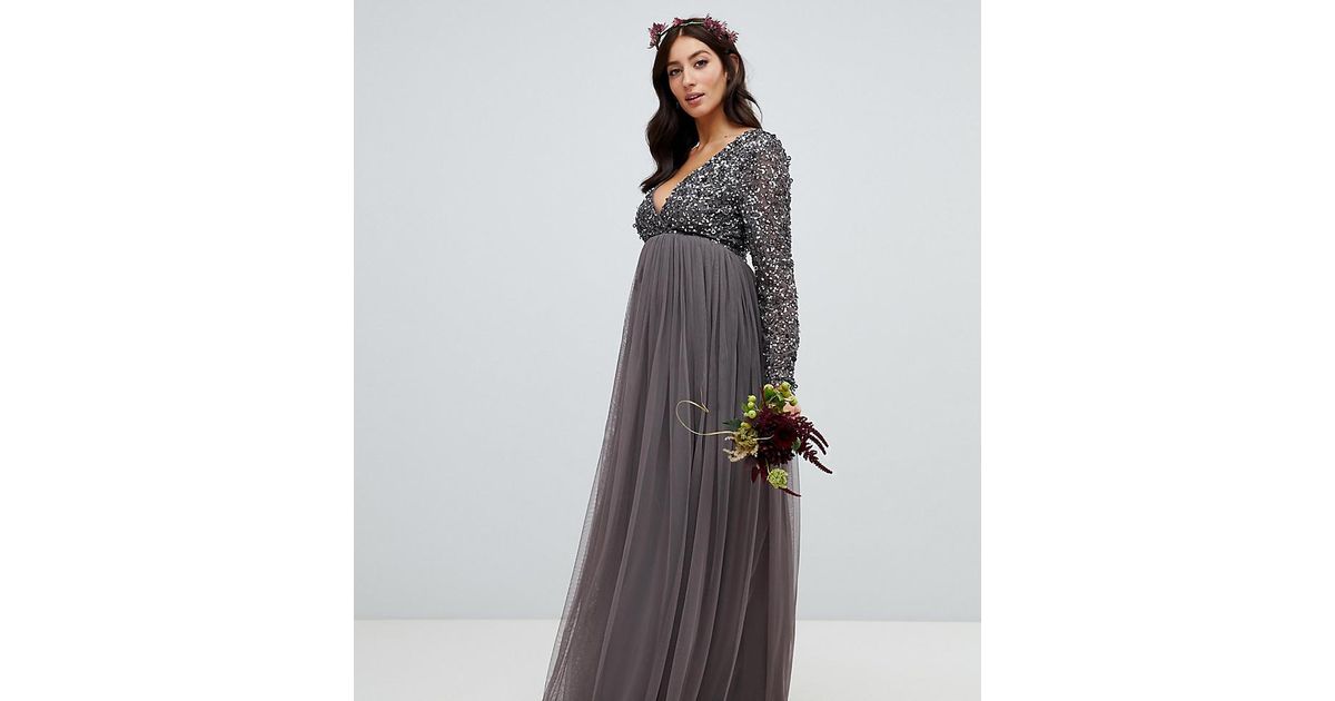 Maya Maternity Long Sleeve Wrap Front Maxi Dress With Delicate Sequin And Tulle  Skirt In Charcoal in Gray | Lyst