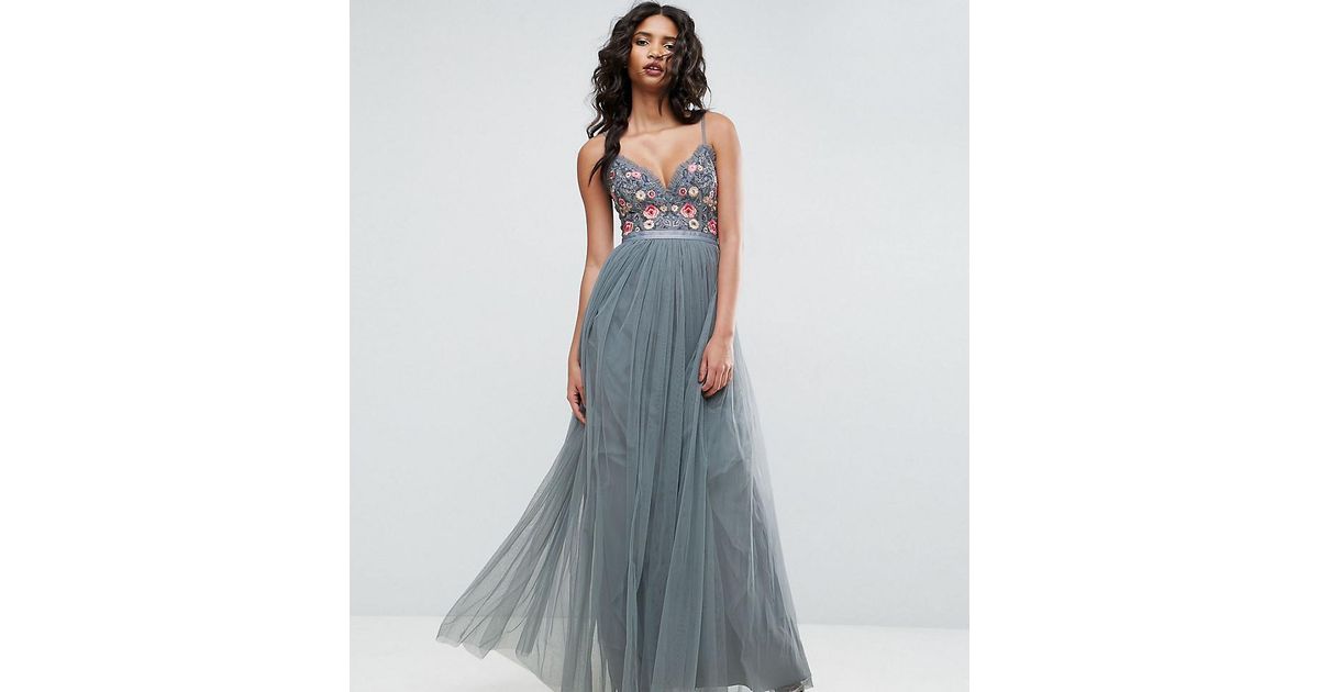 Needle & Thread Whisper Embroidered Tulle Maxi Dress in Green | Lyst