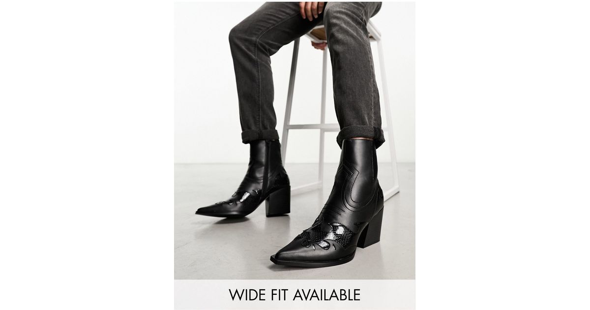 Asos Cuban Heeled Chelsea Boots With Western Details In Black For Men | Lyst