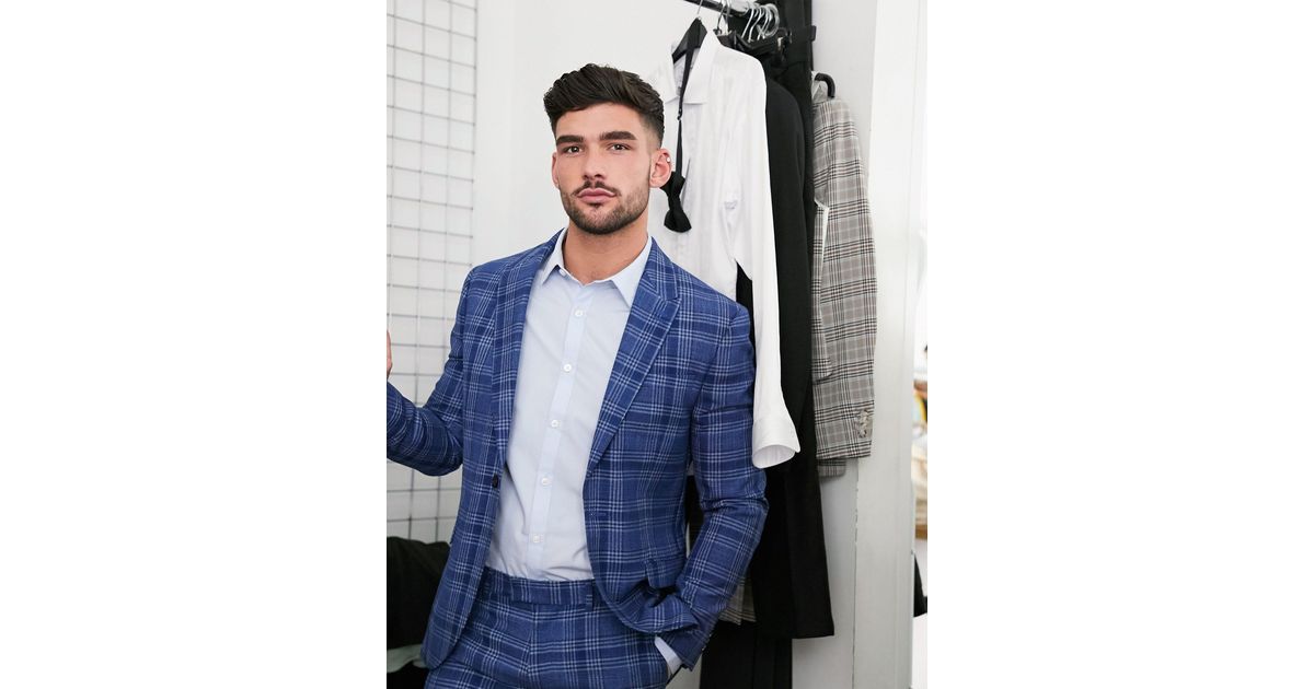 TOPMAN Skinny Fit Checked Suit Jacket in Blue for Men | Lyst