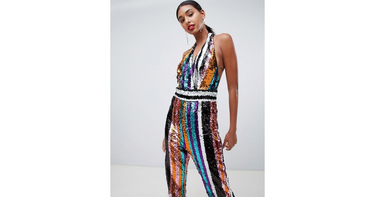 TFNC London Multi Striped Sequin Halterneck Wide Leg Jumpsuit In Rainbow in Blue Lyst UK
