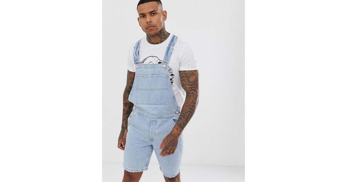 Bershka Slim Denim Dungaree Shorts in 