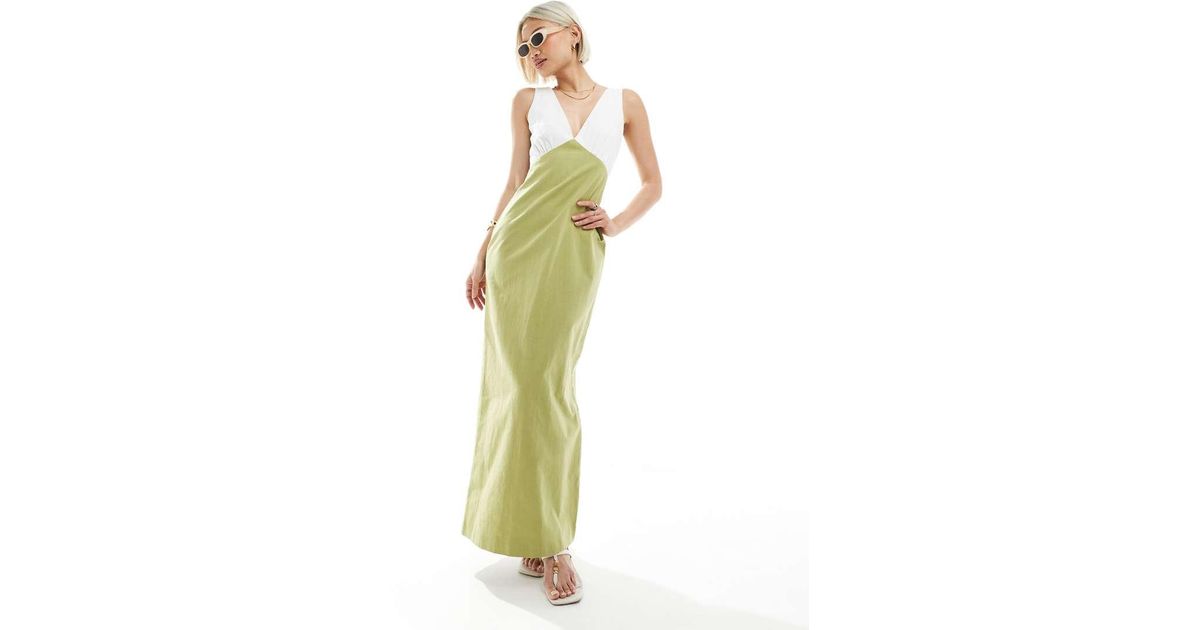 4th and reckless green dress & Linen Look Contrast Plunge Neck Maxi in blazersize-40