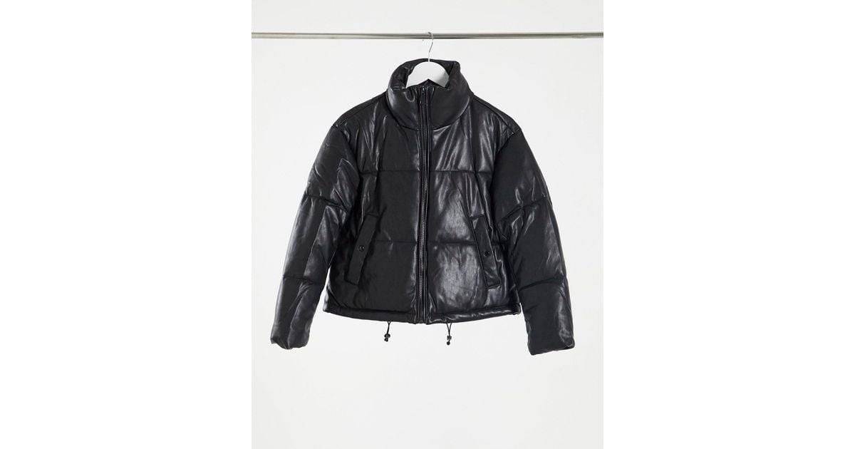 pull&bear faux leather padded puffer jacket in black