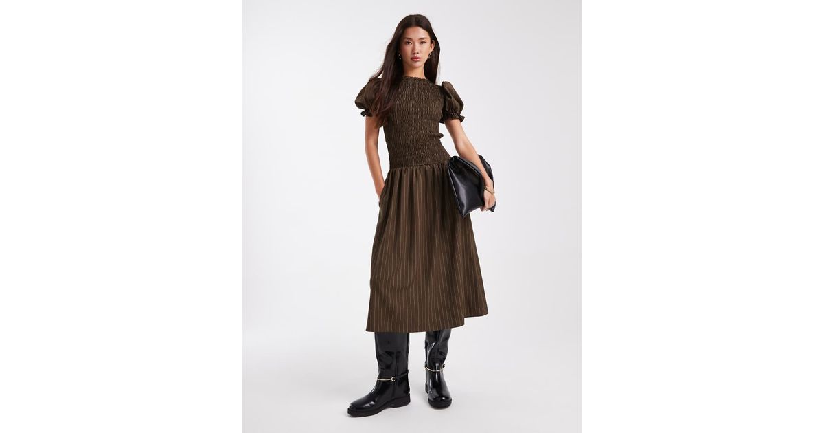 Red Puff Sleeve Drop Waist Dress w/Pinstripe Detail main image 1