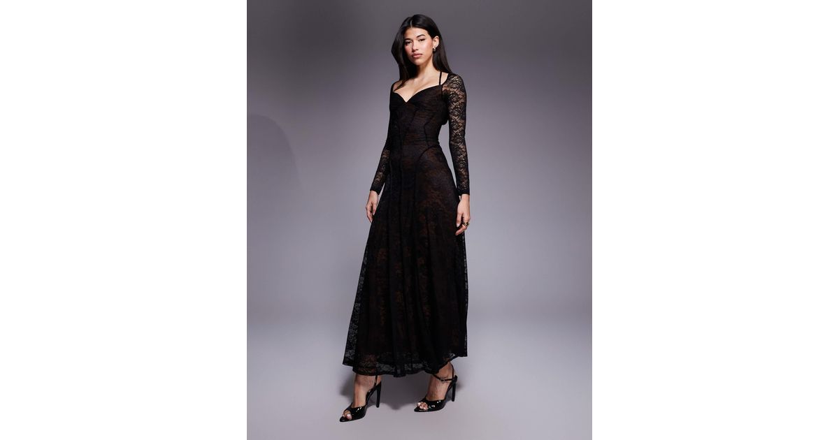ASOS Long Sleeve Lace Maxi Dress With Seam Detail in Blue | Lyst