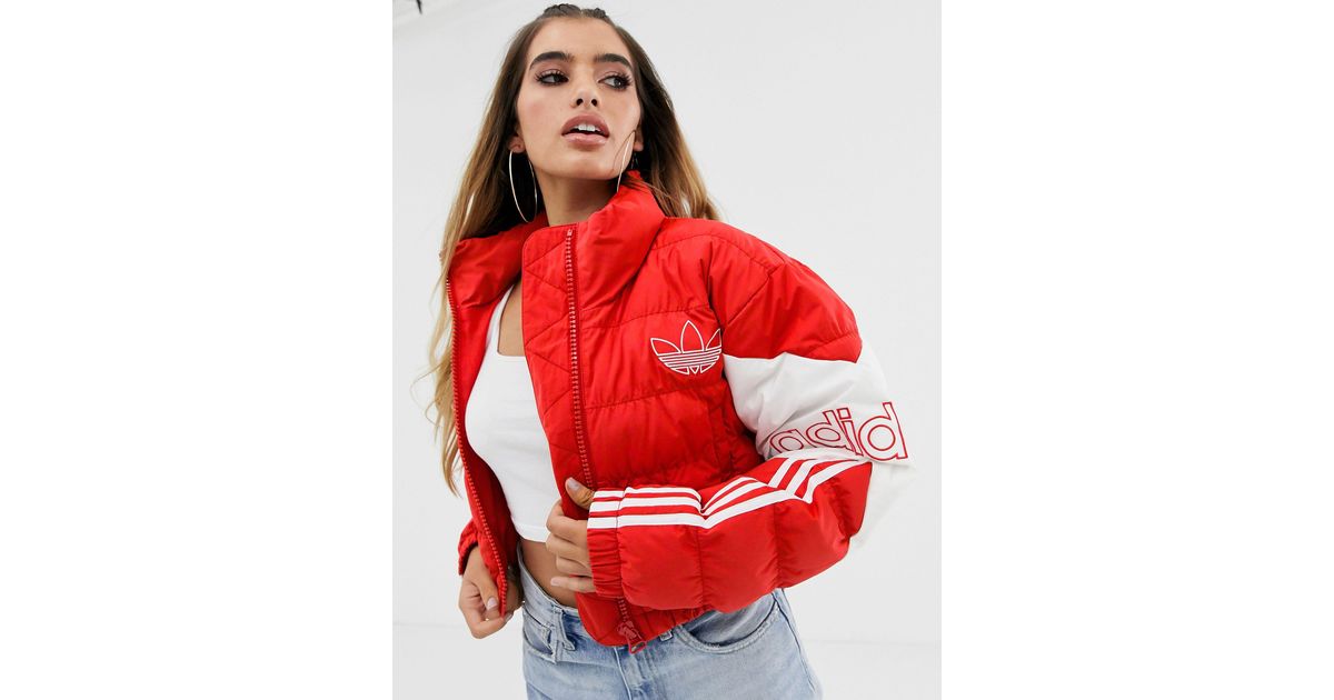 adidas red cropped puffer jacket