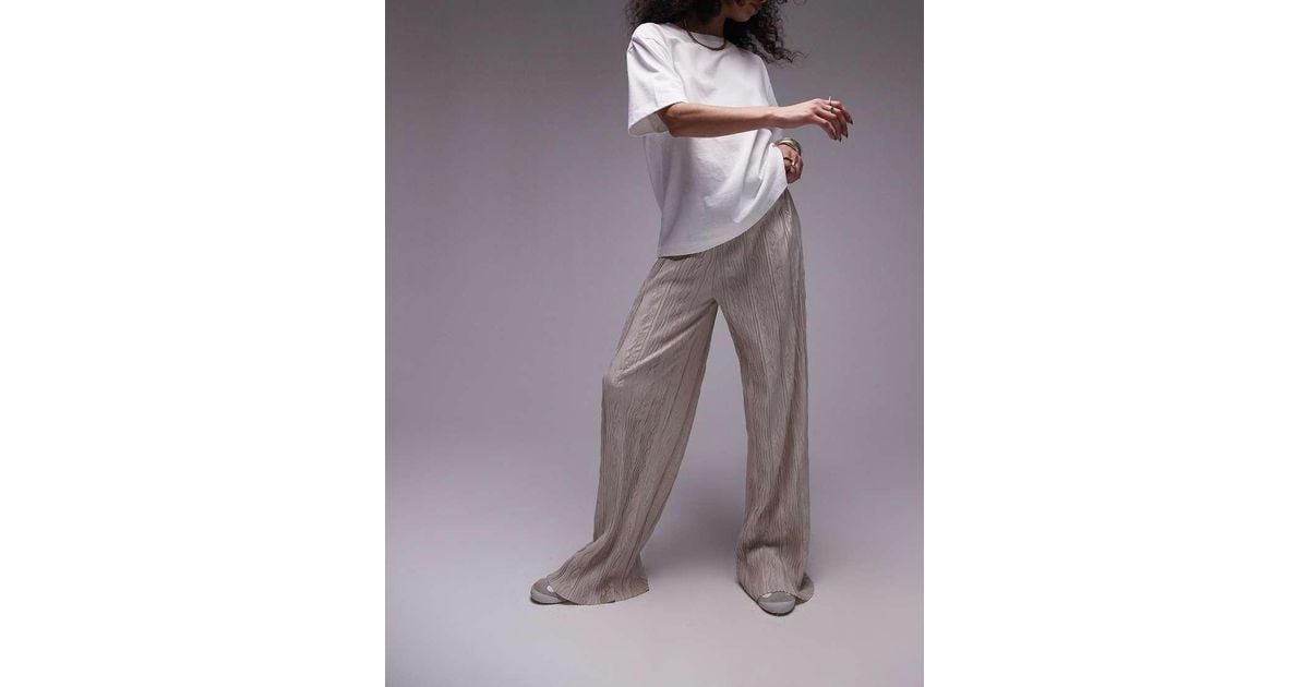 TOPSHOP Crinkle Plisse Wide Leg Trouser in Grey Lyst UK
