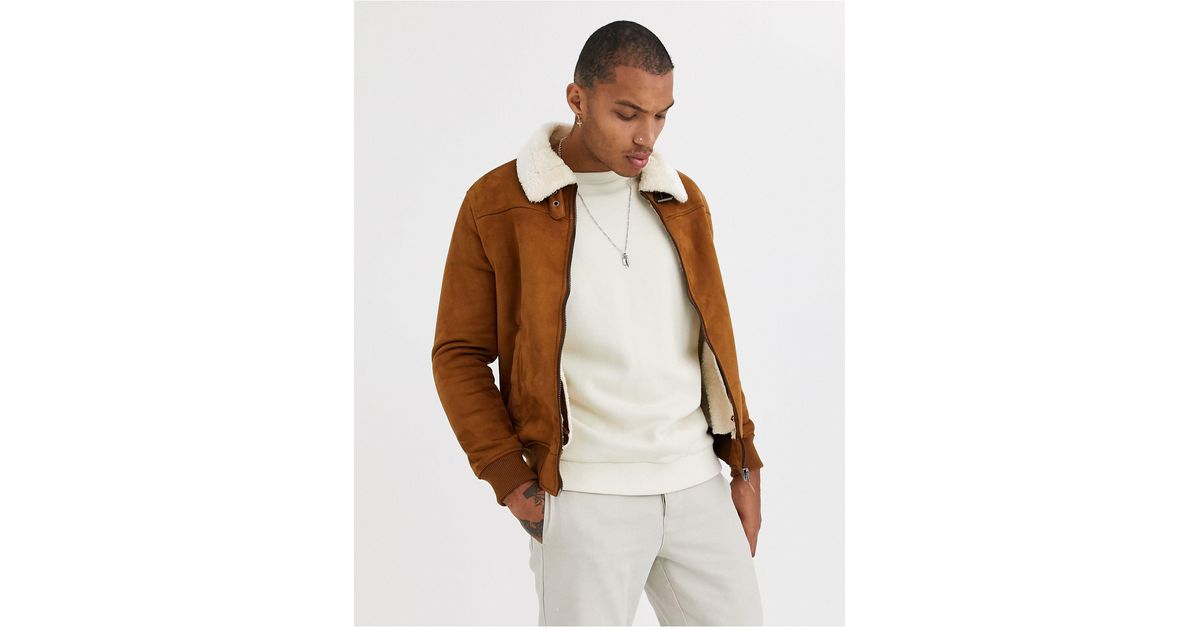 Ijver tack Compliment Bershka Lined Faux Suede Jacket With Contrast Collar In Tan in Brown for  Men | Lyst