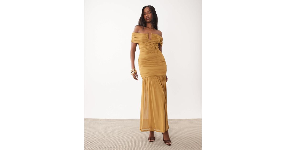 ASOS Mesh Bardot Ruched Dropped Waist Maxi Dress With Wire Trim in ...