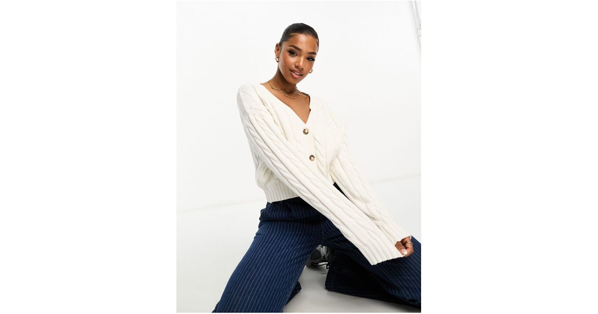 Monki Cable Knit Cardigan in White | Lyst UK