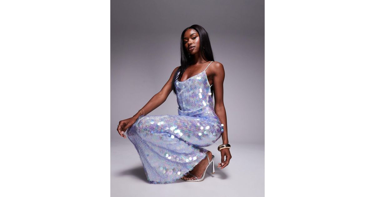 ASOS Iridescent Sequin Asymmetric Cowl Neck Midi Dress in Blue | Lyst Canada
