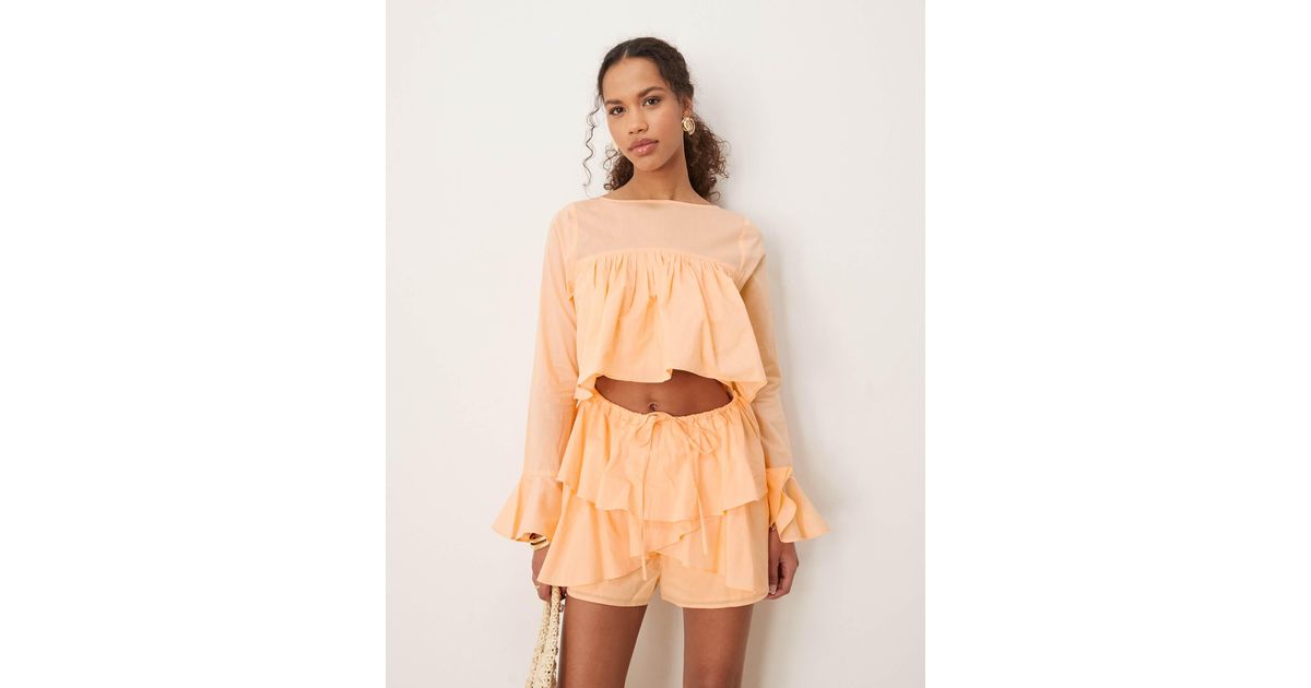 ASOS Cotton Ruffle Cutout Romper in Natural | Lyst