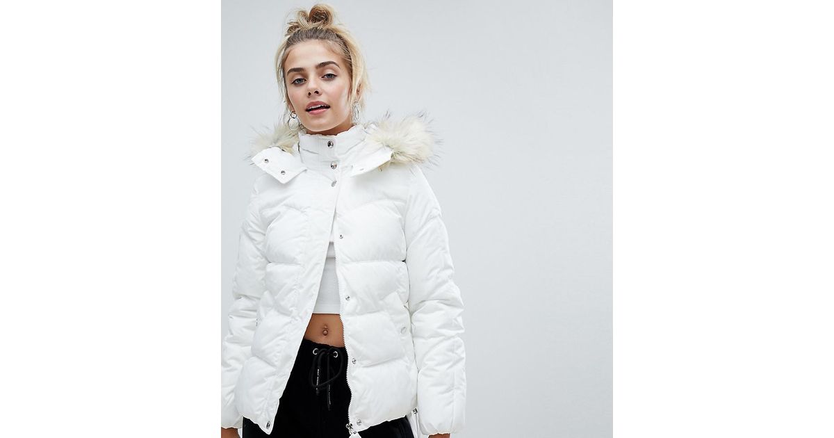 Bershka Denim Padded Jacket With Faux Fur Hood In White | Lyst