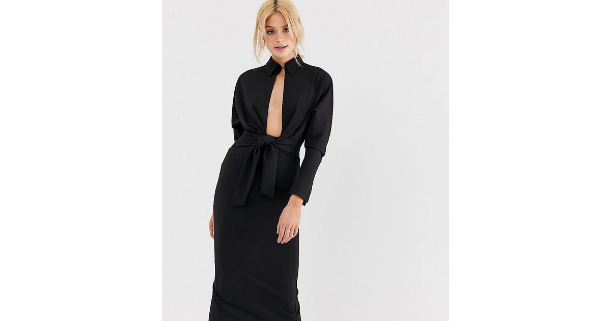 asos design long sleeve wrap shirt midi dress