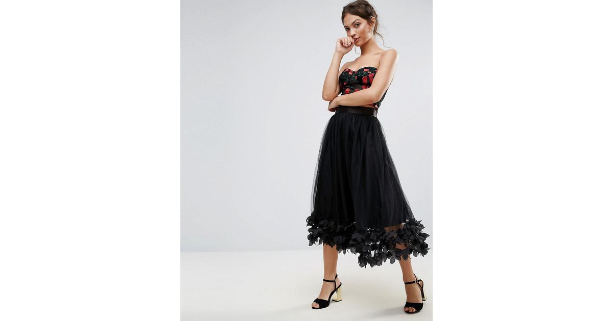 Amy Lynn Amy Lynn Tulle Midi Skirt With Floral Trim in Black - Lyst