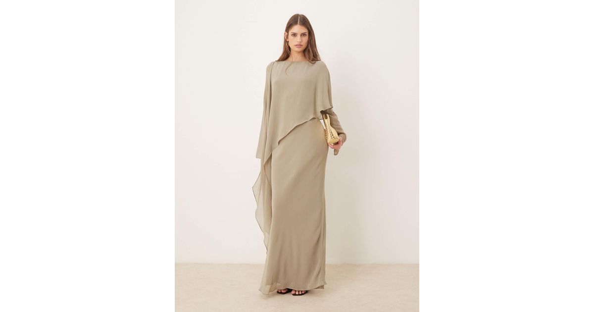 ASOS Cape Detail Long Sleeve Maxi Dress in Natural | Lyst