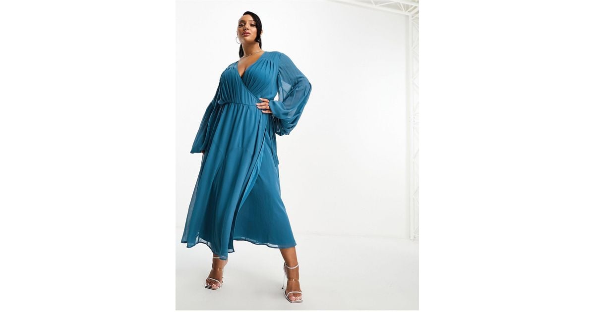 ASOS Asos Design Curve Wrap Balloon Sleeve Midi Dress With Tie Waist Detail  in Blue | Lyst