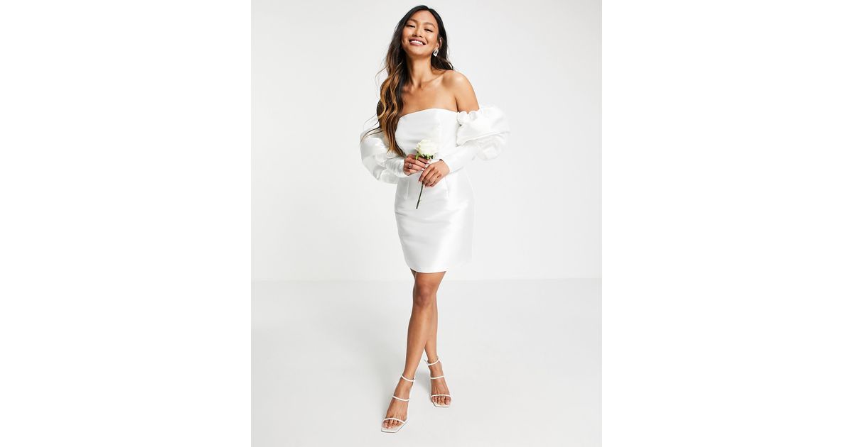 open lace back dress Rent Asos Edition Lila Satin Structured Off Shoulder Mini Dress With Full  Skirt In Ivory main image 1