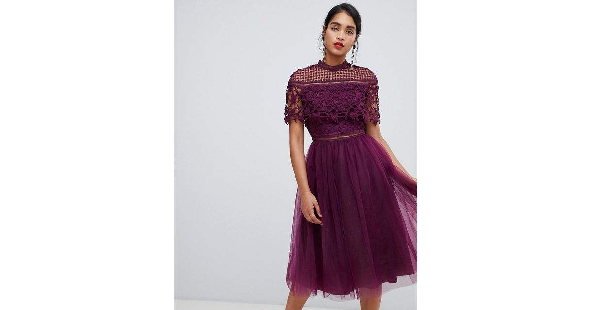 Chi Chi London 2 In 1 Lace Top Midi Dress With Tulle Skirt In Deep Purple -  Lyst