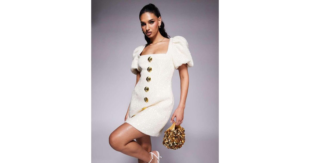 lavish alice white sequin dress Lavish Alice HARLEEN Draped Bardot Sequin Boucle Midi Dress in Beige
