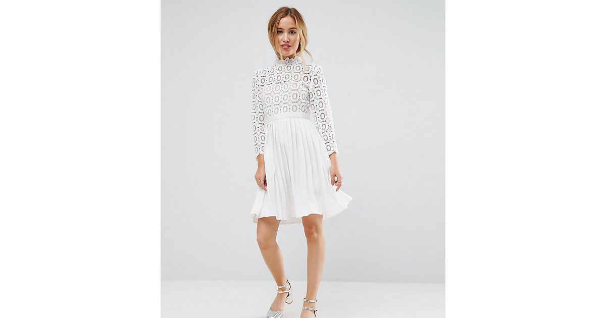 little mistress alice white crochet top midi dress with pleated skirt