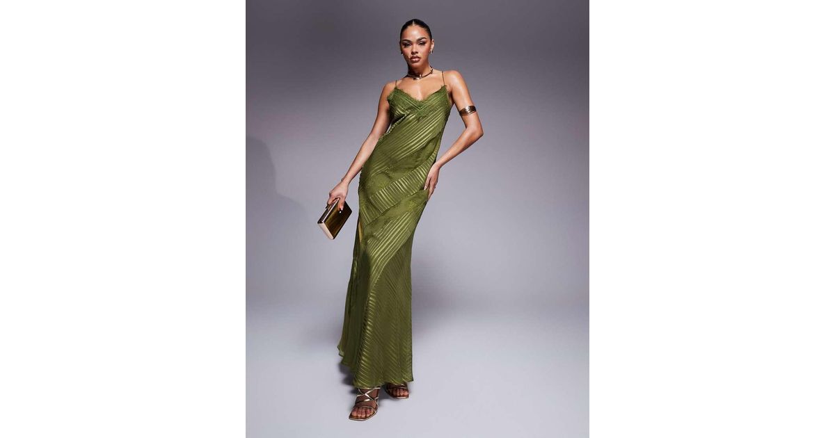 ASOS Lace Insert Satin Stripe Panelled Maxi Dress in Green | Lyst UK