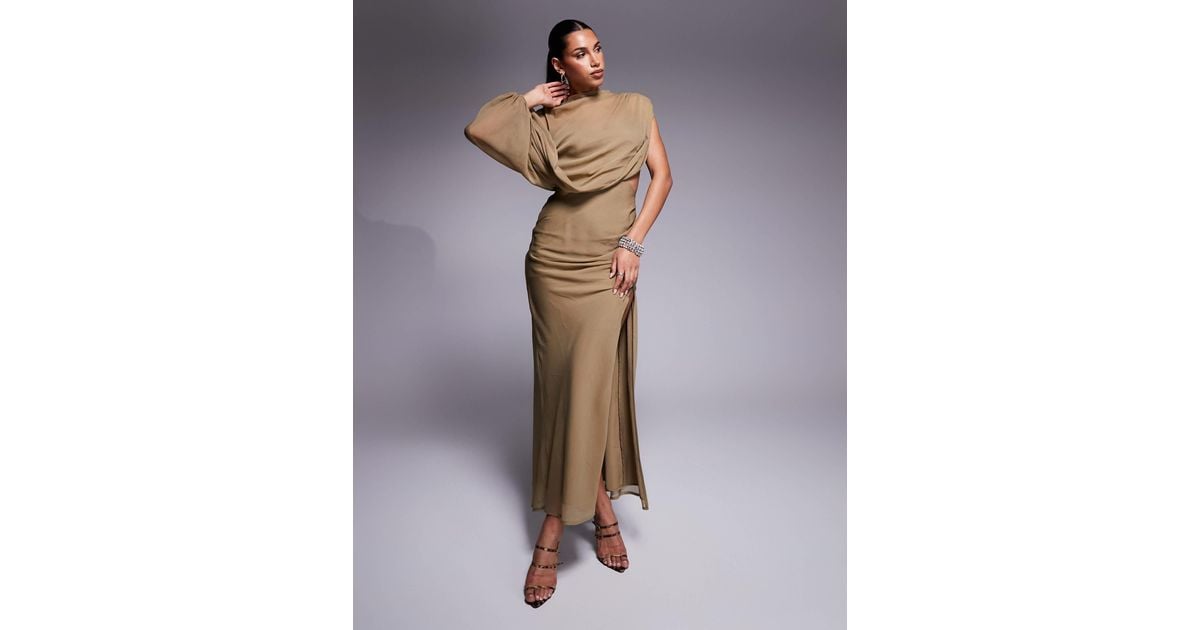 ASOS High Neck Draped Bodice Asymmetric Maxi Dress With Cut Out in Natural  | Lyst
