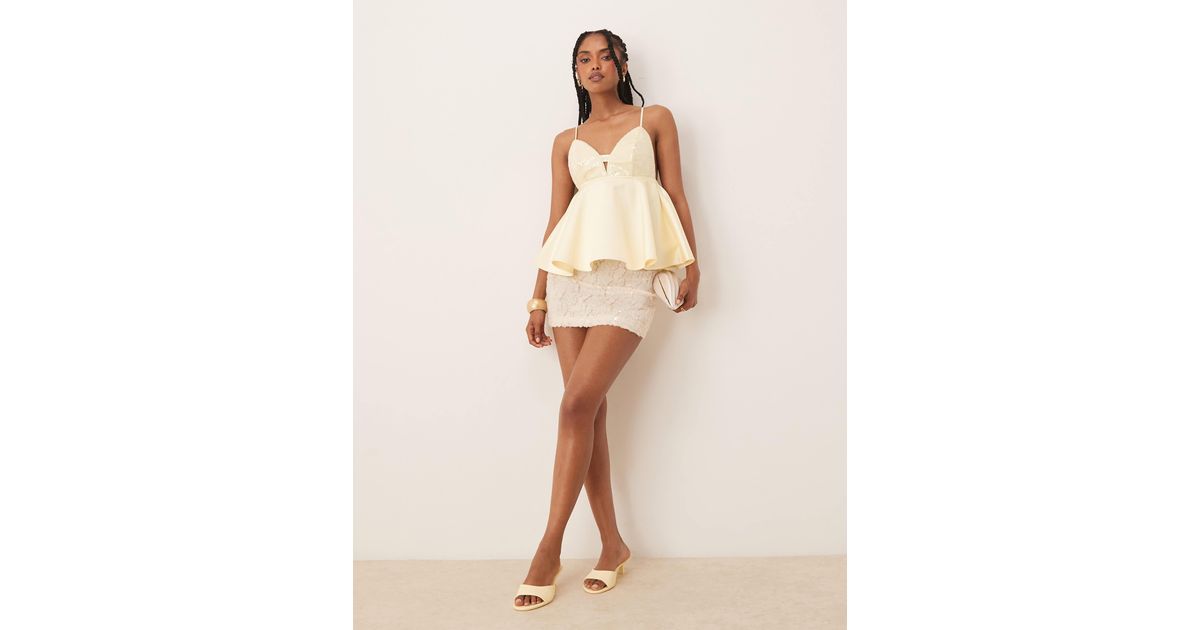 ASOS Premium Sequin Bust Cami With Satin Peplum Hem in Natural