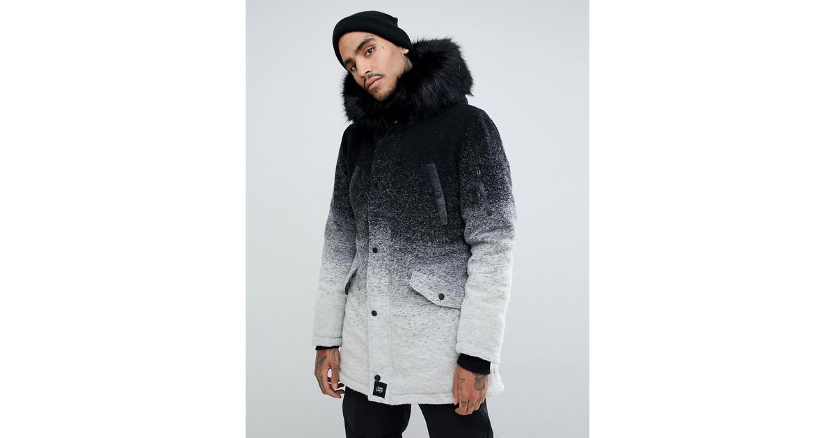 sixth june parka coat in black with black faux fur hood